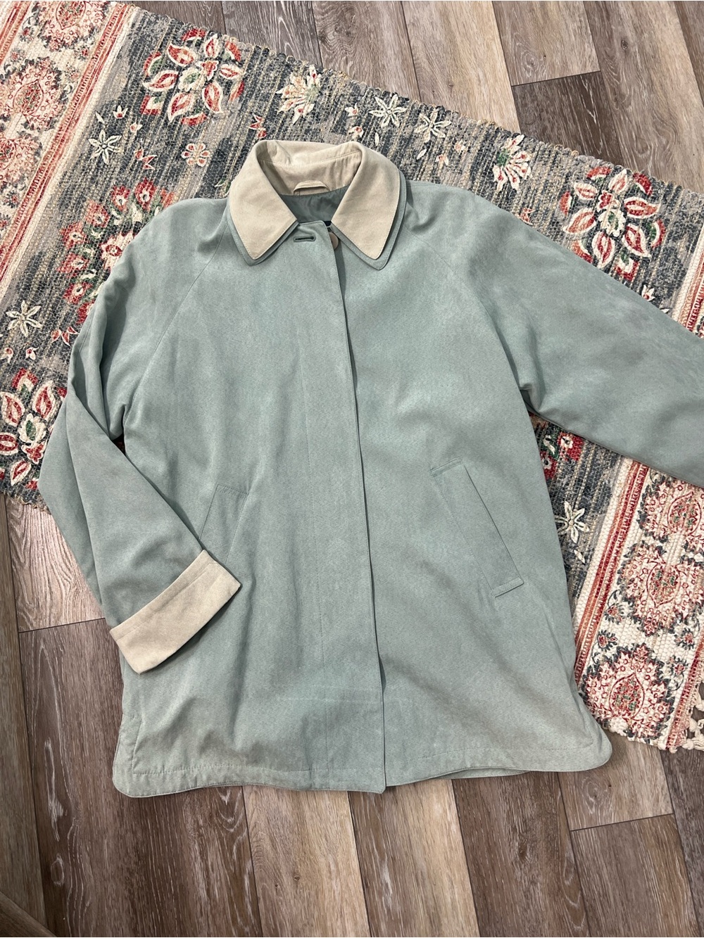London Fog sage green faux suede jacket accented with a contrast cream collar an